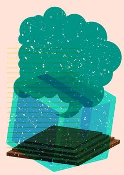 Risograph Cardboard Box with speech bubble with geometric shapes. Objects i.. 스톡 일러스트