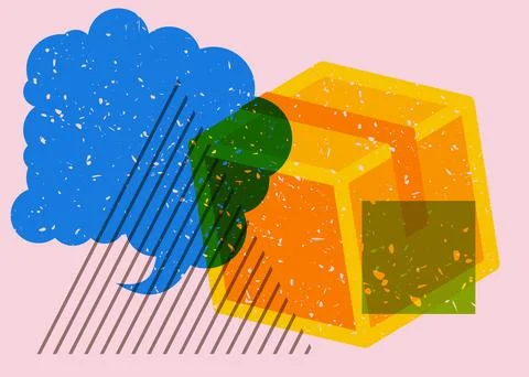 Risograph Cardboard Box with speech bubble with geometric shapes. Objects i.. 스톡 일러스트