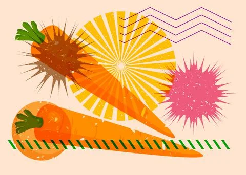 Risograph Carrot with geometric shapes. Objects in trendy riso graph print .. Illustrazione stock