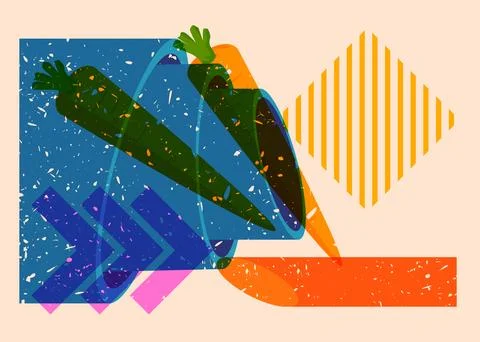 Risograph Carrot with geometric shapes. Objects in trendy riso graph print .. Stock Illustration