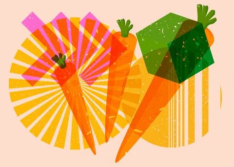 Risograph Carrot with geometric shapes. Objects in trendy riso graph print .. Illustrazione stock
