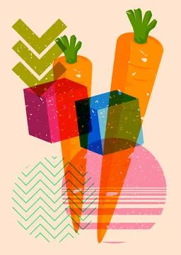 Risograph Carrot with geometric shapes. Objects in trendy riso graph print .. Illustrazione stock