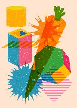 Risograph Carrot with geometric shapes. Objects in trendy riso graph print .. Illustrazione stock