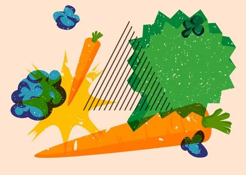 Risograph Carrot with speech bubble with geometric shapes. Objects in trend.. 库存插图