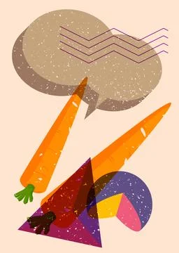 Risograph Carrot with speech bubble with geometric shapes. Objects in trend.. 库存插图