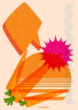 Risograph Carrot with speech bubble with geometric shapes. Objects in trend.. 库存插图