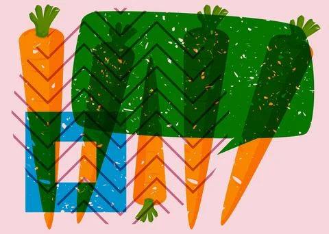 Risograph Carrot with speech bubble with geometric shapes. Objects in trend.. 库存插图
