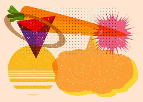 Risograph Carrot with speech bubble with geometric shapes. Objects in trend.. 库存插图