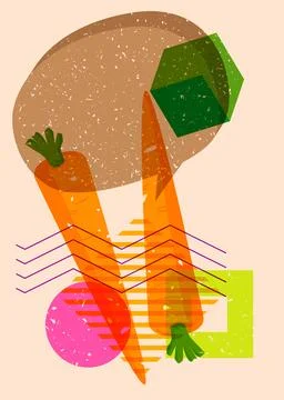 Risograph Carrot with speech bubble with geometric shapes. Objects in trend.. 库存插图