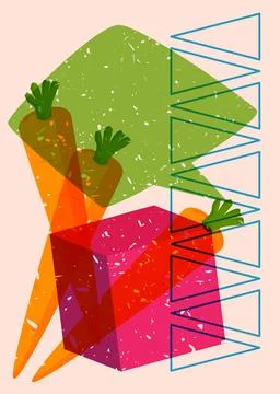 Risograph Carrot with speech bubble with geometric shapes. Objects in trend.. 库存插图