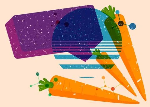 Risograph Carrot with speech bubble with geometric shapes. Objects in trend.. 库存插图