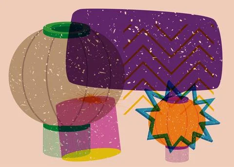 Risograph Chinese lantern with speech bubble with geometric shapes. Objects.. 库存插图