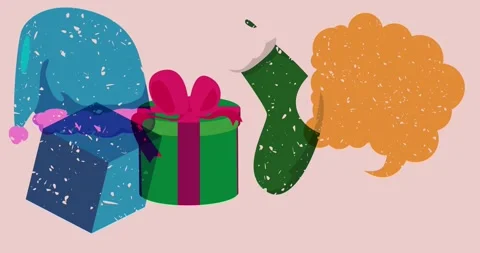 Risograph Christmas stocking, Gift Box and Santa Claus Hat and speech bubble Stock Footage 322557550