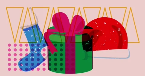 Risograph Christmas stocking, Gift Box and Santa Claus Hat animation Stock Footage 322557551