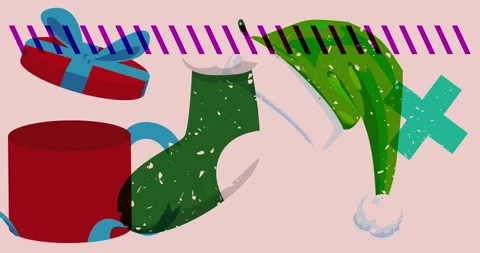 Risograph Christmas stocking, Gift Box and Santa Claus Hat video Stock Footage 322557552