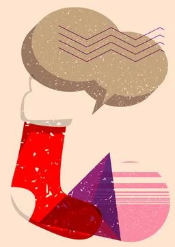 Risograph Christmas stocking with speech bubble with geometric shapes. Obje.. Stock Illustration