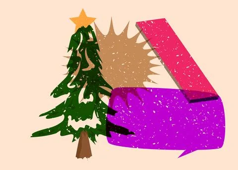 Risograph Christmas Tree with speech bubble with geometric shapes. Pine Tre.. Stock Illustration
