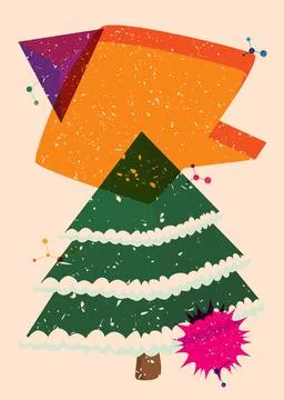 Risograph Christmas Tree with speech bubble with geometric shapes. Pine Tre.. Stock Illustration