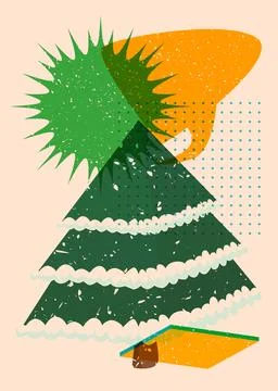 Risograph Christmas Tree with speech bubble with geometric shapes. Pine Tre.. Stock Illustration