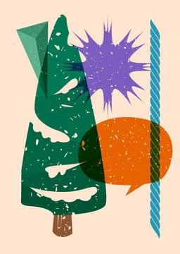 Risograph Christmas Tree with speech bubble with geometric shapes. Pine Tre.. Stock Illustration