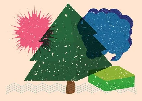 Risograph Christmas Tree with speech bubble with geometric shapes. Pine Tre.. Stock Illustration