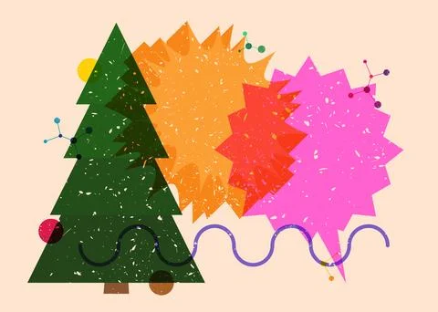 Risograph Christmas Tree with speech bubble with geometric shapes. Pine Tre.. Stock Illustration