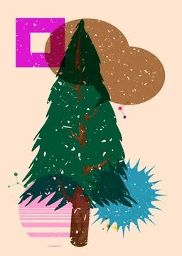 Risograph Christmas Tree with speech bubble with geometric shapes. Pine Tre.. Stock Illustration