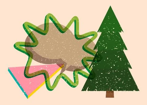 Risograph Christmas Tree with speech bubble with geometric shapes. Pine Tre.. Stock Illustration
