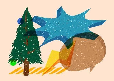 Risograph Christmas Tree with speech bubble with geometric shapes. Pine Tre.. Stock Illustration
