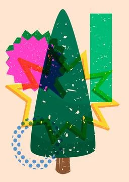 Risograph Christmas Tree with speech bubble with geometric shapes. Pine Tre.. Stock Illustration