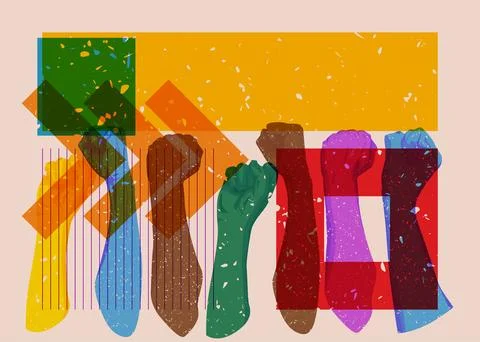 Risograph Clenched with geometric shapes. Objects in trendy riso graph prin.. Stock Illustration