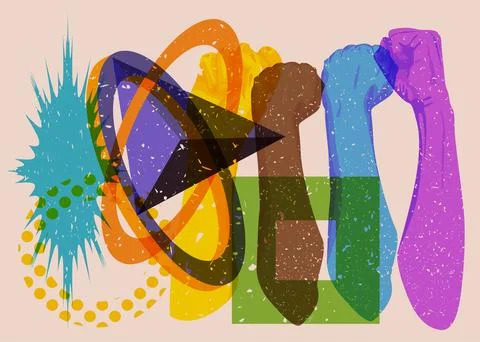 Risograph Clenched with geometric shapes. Objects in trendy riso graph prin.. Stock Illustration