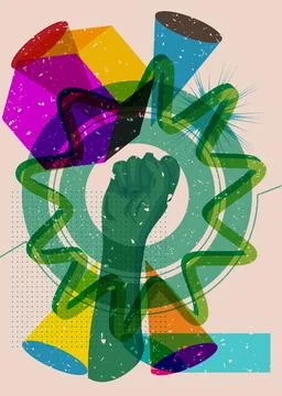 Risograph Clenched with geometric shapes. Objects in trendy riso graph prin.. 库存插图