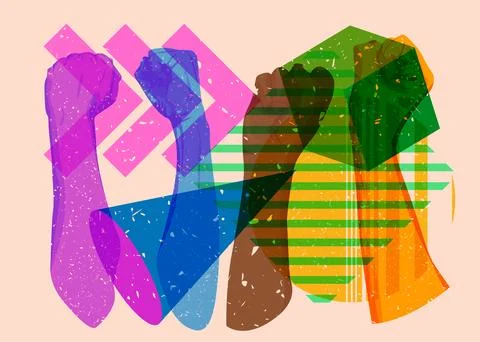 Risograph Clenched with geometric shapes. Objects in trendy riso graph prin.. 库存插图