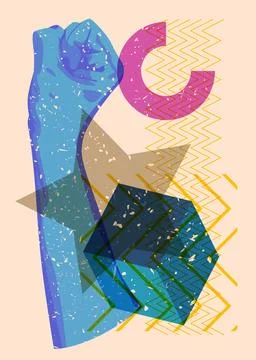 Risograph Clenched with geometric shapes. Objects in trendy riso graph prin.. Stock Illustration
