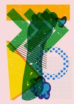 Risograph Clenched with geometric shapes. Objects in trendy riso graph prin.. Stock Illustration