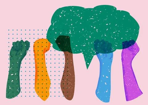 Risograph Clenched with speech bubble with geometric shapes. Objects in tre.. Stock Illustration