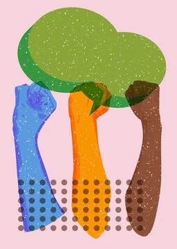 Risograph Clenched with speech bubble with geometric shapes. Objects in tre.. Stock Illustration