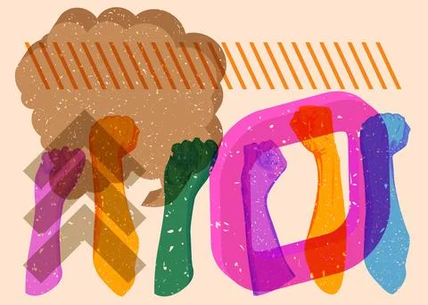 Risograph Clenched with speech bubble with geometric shapes. Objects in tre.. Stockillustratie