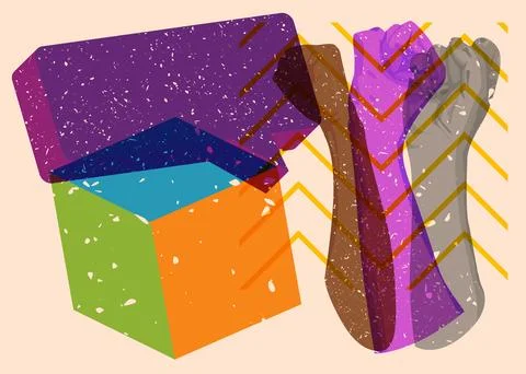 Risograph Clenched with speech bubble with geometric shapes. Objects in tre.. Stock Illustration
