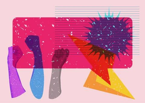 Risograph Clenched with speech bubble with geometric shapes. Objects in tre.. Stockillustratie