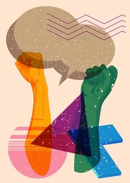 Risograph Clenched with speech bubble with geometric shapes. Objects in tre.. 库存插图