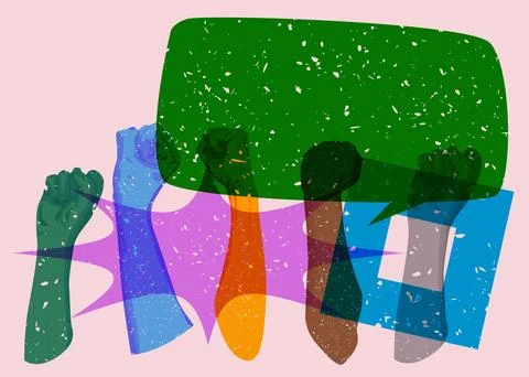 Risograph Clenched with speech bubble with geometric shapes. Objects in tre.. Stock Illustration