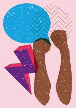 Risograph Clenched with speech bubble with geometric shapes. Objects in tre.. Stock Illustration
