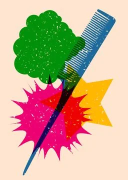 Risograph comb with speech bubble with geometric shapes. Objects in trendy .. Иллюстрация