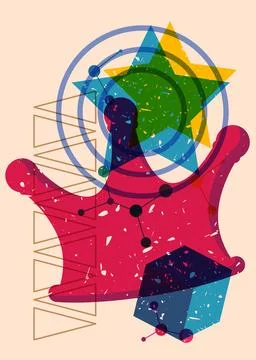 Risograph Crown with geometric shapes. Objects in trendy riso graph print t.. 스톡 일러스트