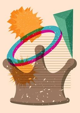 Risograph Crown with geometric shapes. Objects in trendy riso graph print t.. 스톡 일러스트
