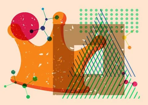 Risograph Crown with geometric shapes. Objects in trendy riso graph print t.. 스톡 일러스트