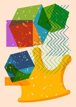 Risograph Crown with geometric shapes. Objects in trendy riso graph print t.. 库存插图