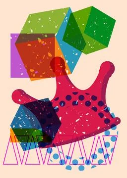 Risograph Crown with geometric shapes. Objects in trendy riso graph print t.. 스톡 일러스트